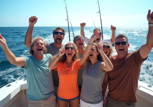 A group of friends enthusiastically cheering and celebrating on the fishing boat after a highly successful trip.